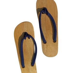Wooden Sole Mules with Navy Straps